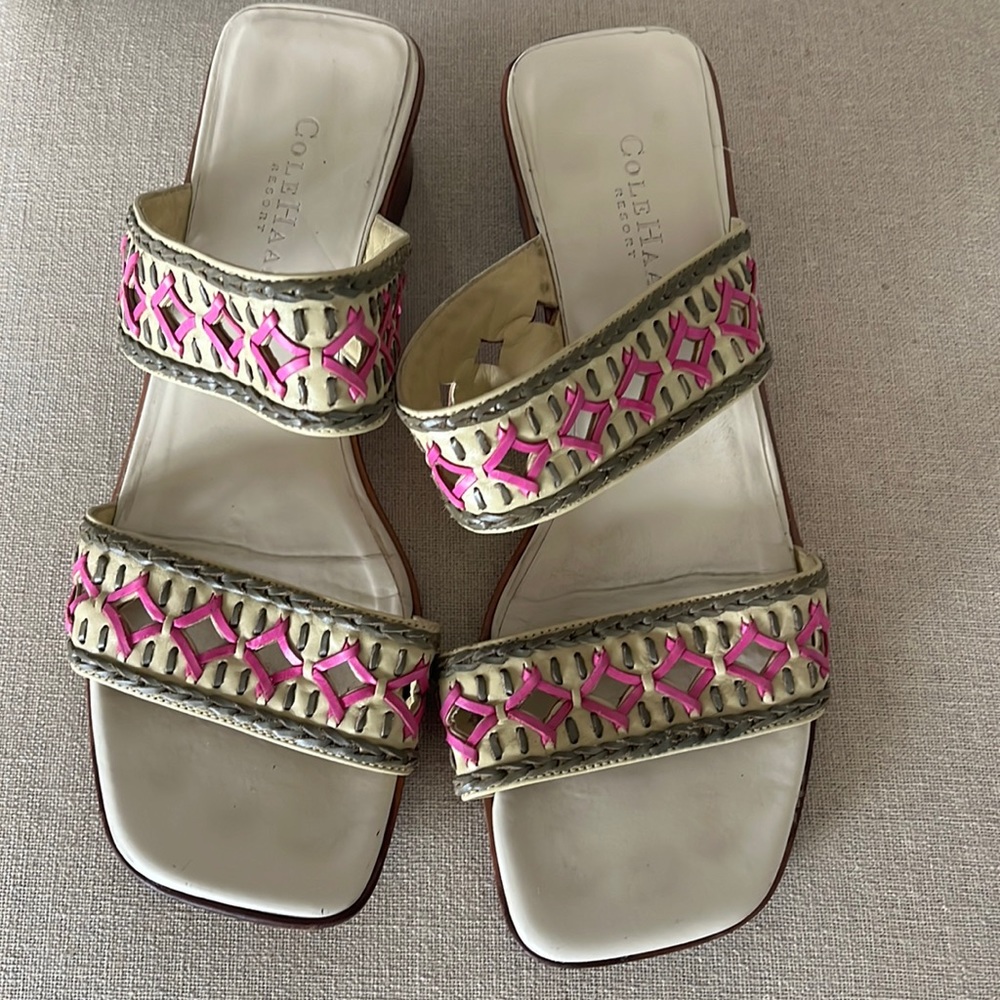 Cole Haan Cream and Pink Woven Two-Strap Slide Sandals